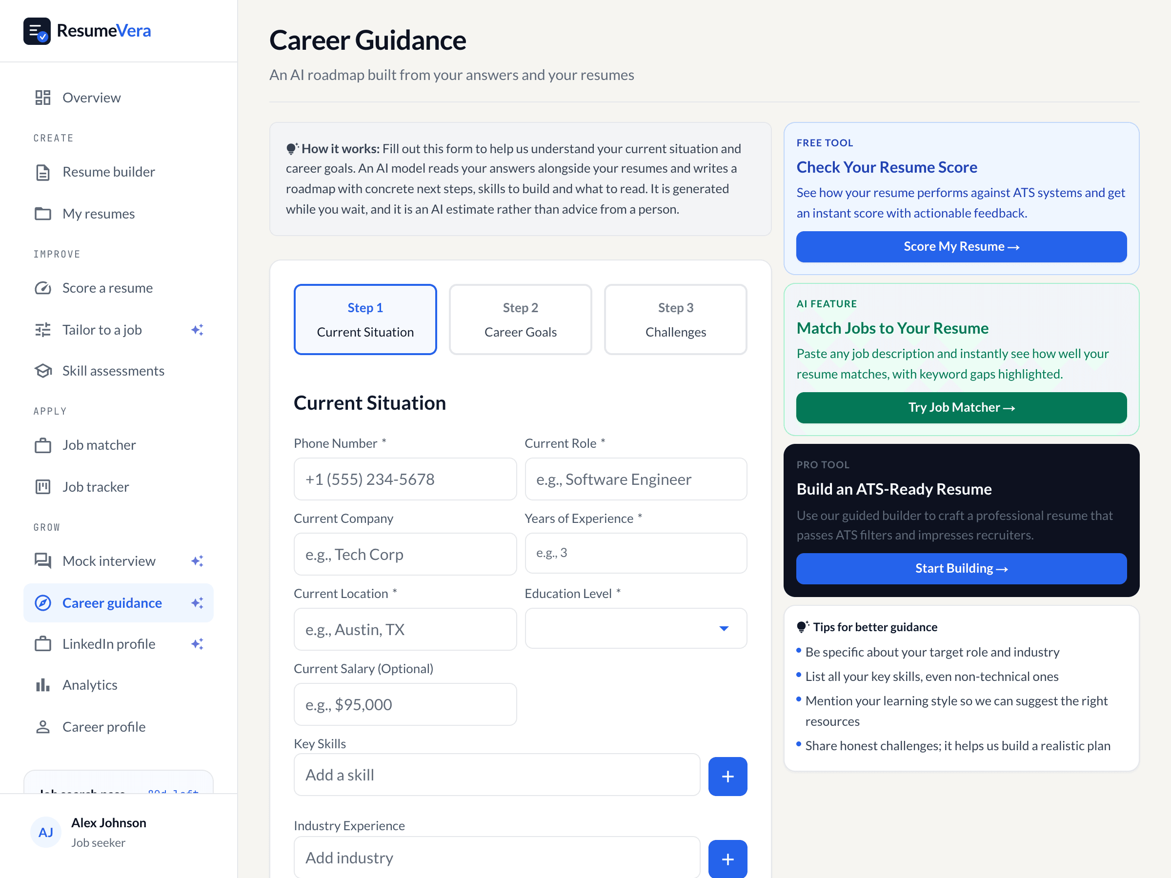 The career guidance form, collecting your current situation, goals and challenges.