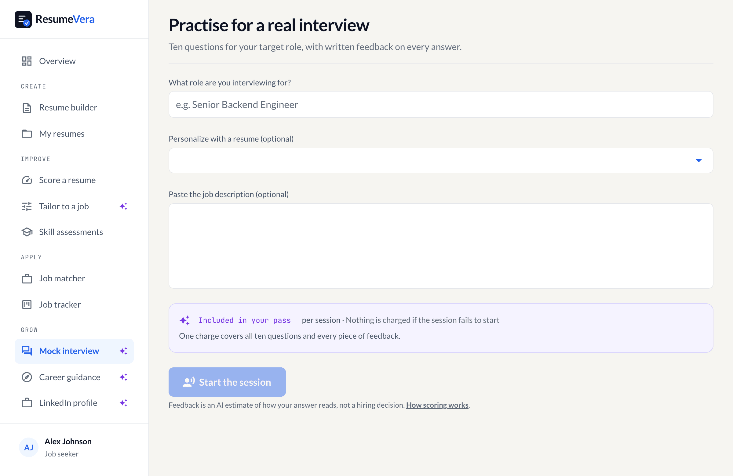 The mock interview screen, where a session is set up against a role.