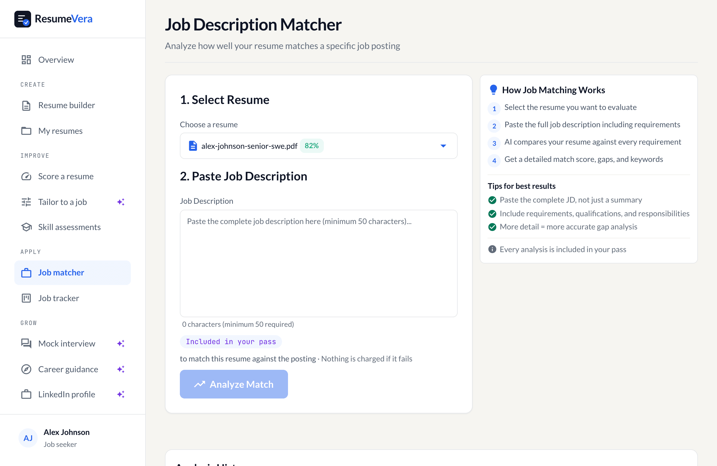 The job matcher: choose a resume, paste a posting, and get a match score with gaps.