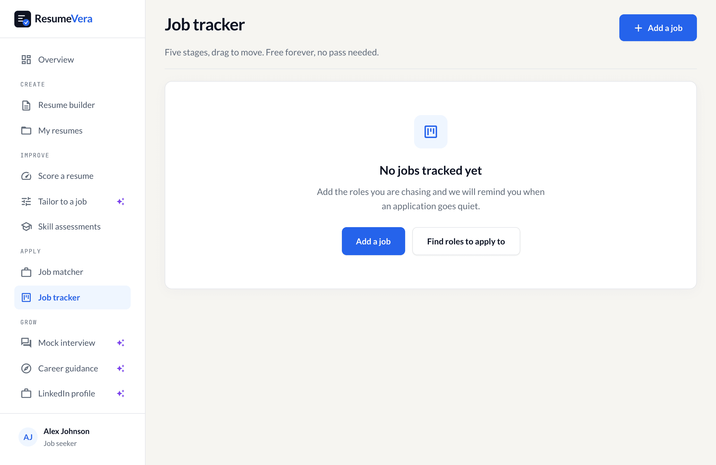 The job tracker: five stages you drag applications between.