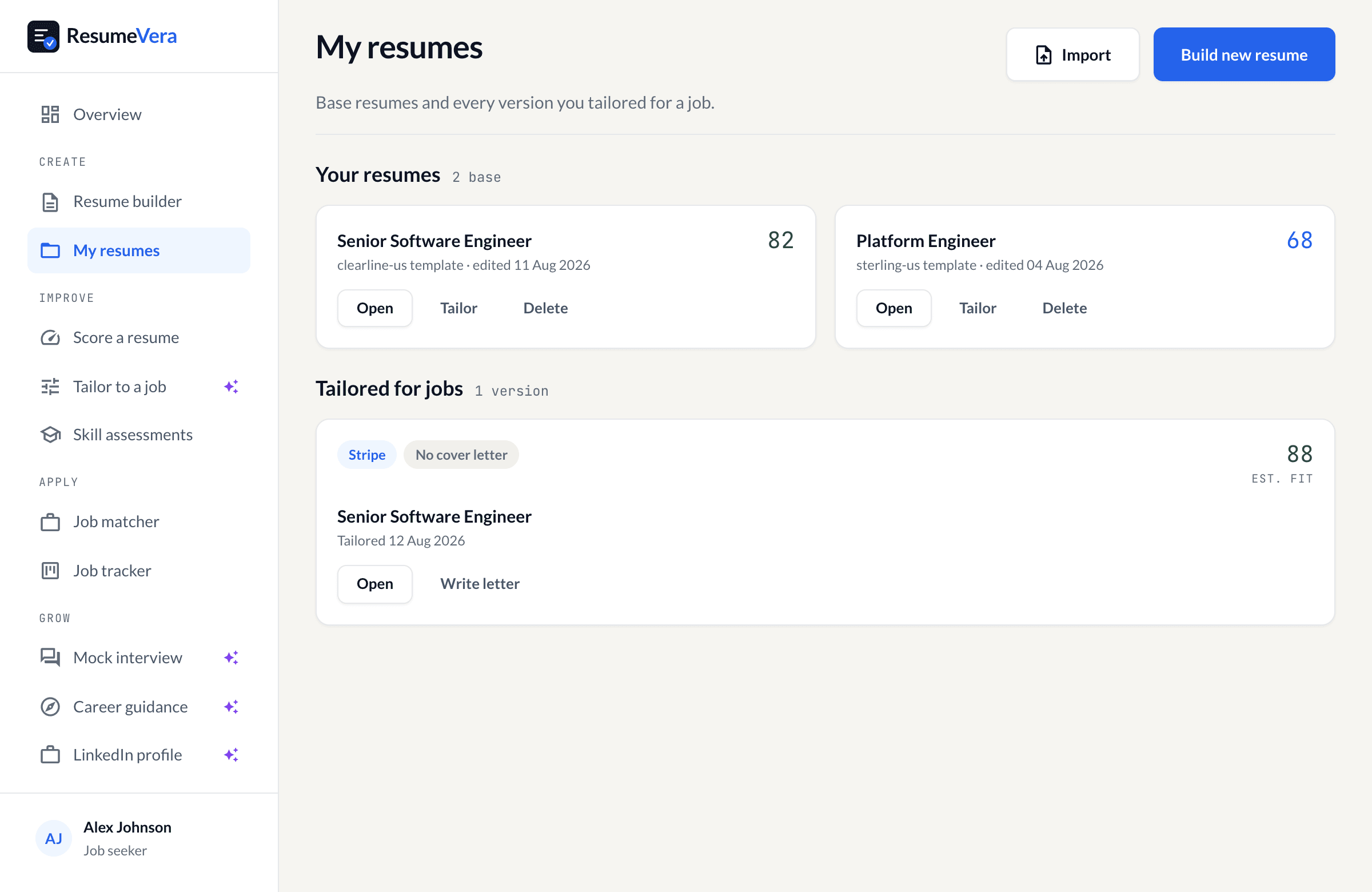 The resume library: every version you have built or scored, with its score.