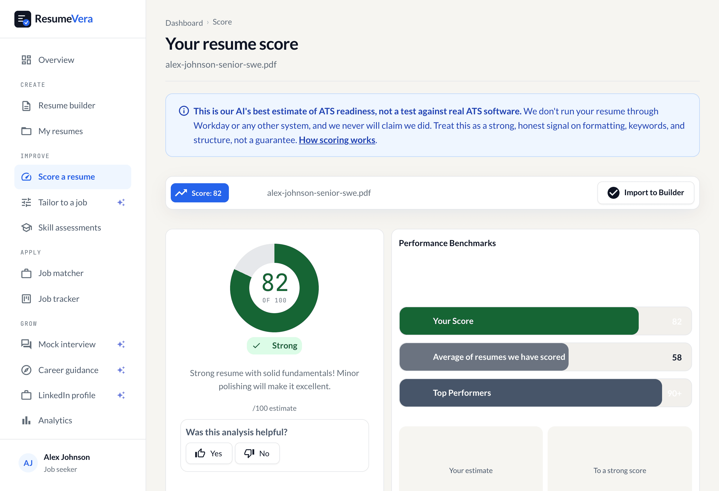 The score page: an overall score beside a section-by-section breakdown and specific fixes.