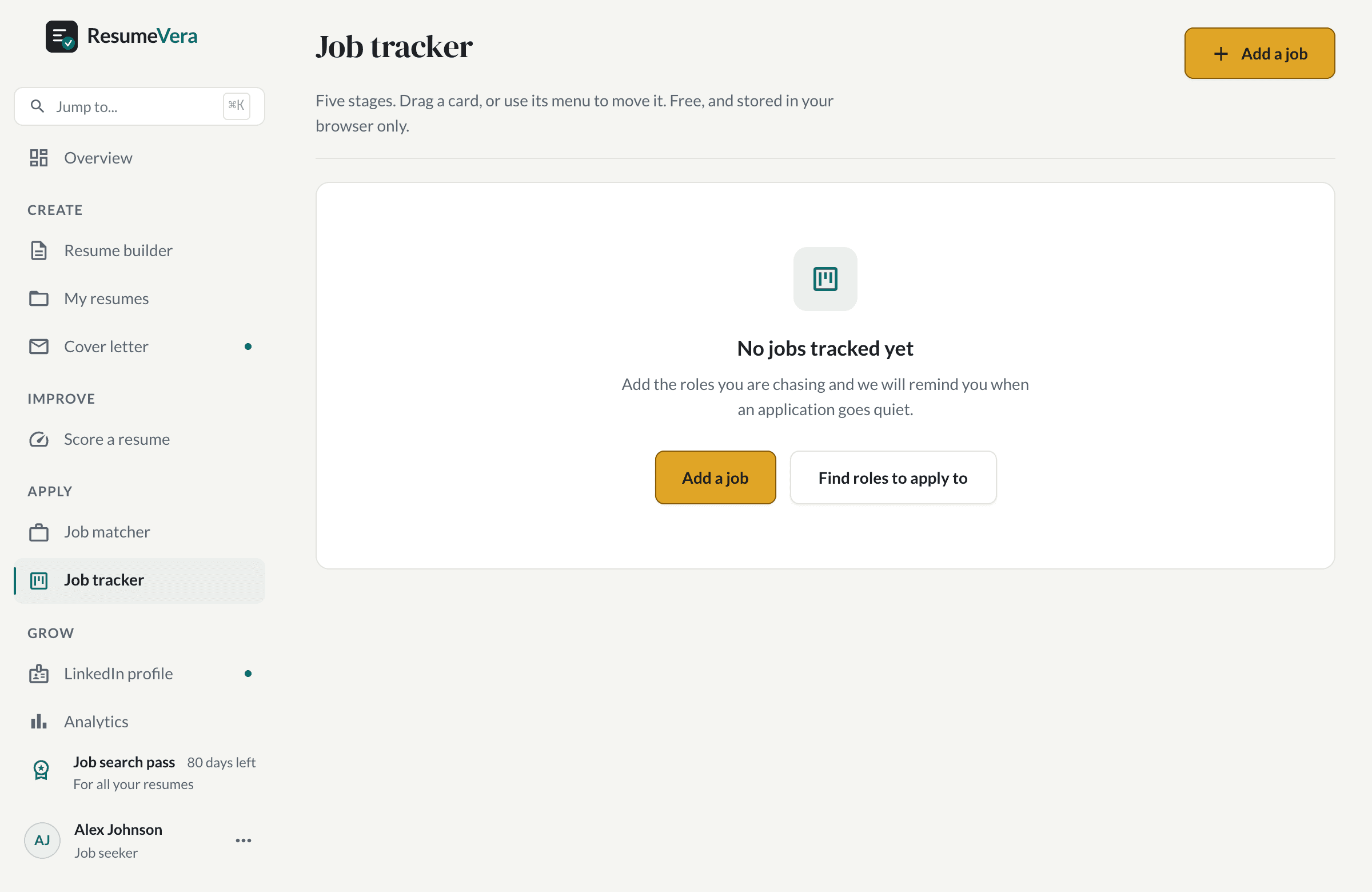 The job tracker: five stages you drag applications between.