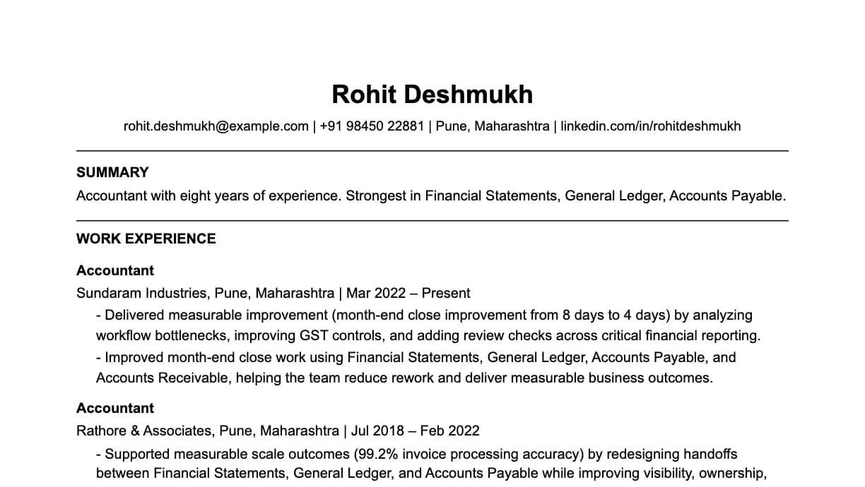 The top of a accountant resume: contact details, a two-line summary, and the first role with two quantified achievements.