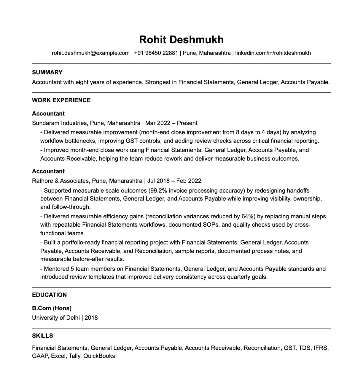 A complete one-page accountant resume: contact line, summary, two roles with quantified achievements, education and a skills list.