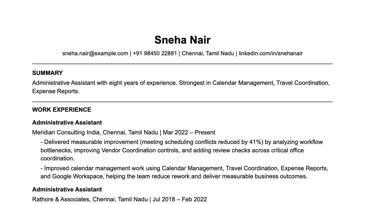 The top of a administrative assistant resume: contact details, a two-line summary, and the first role with two quantified achievements.