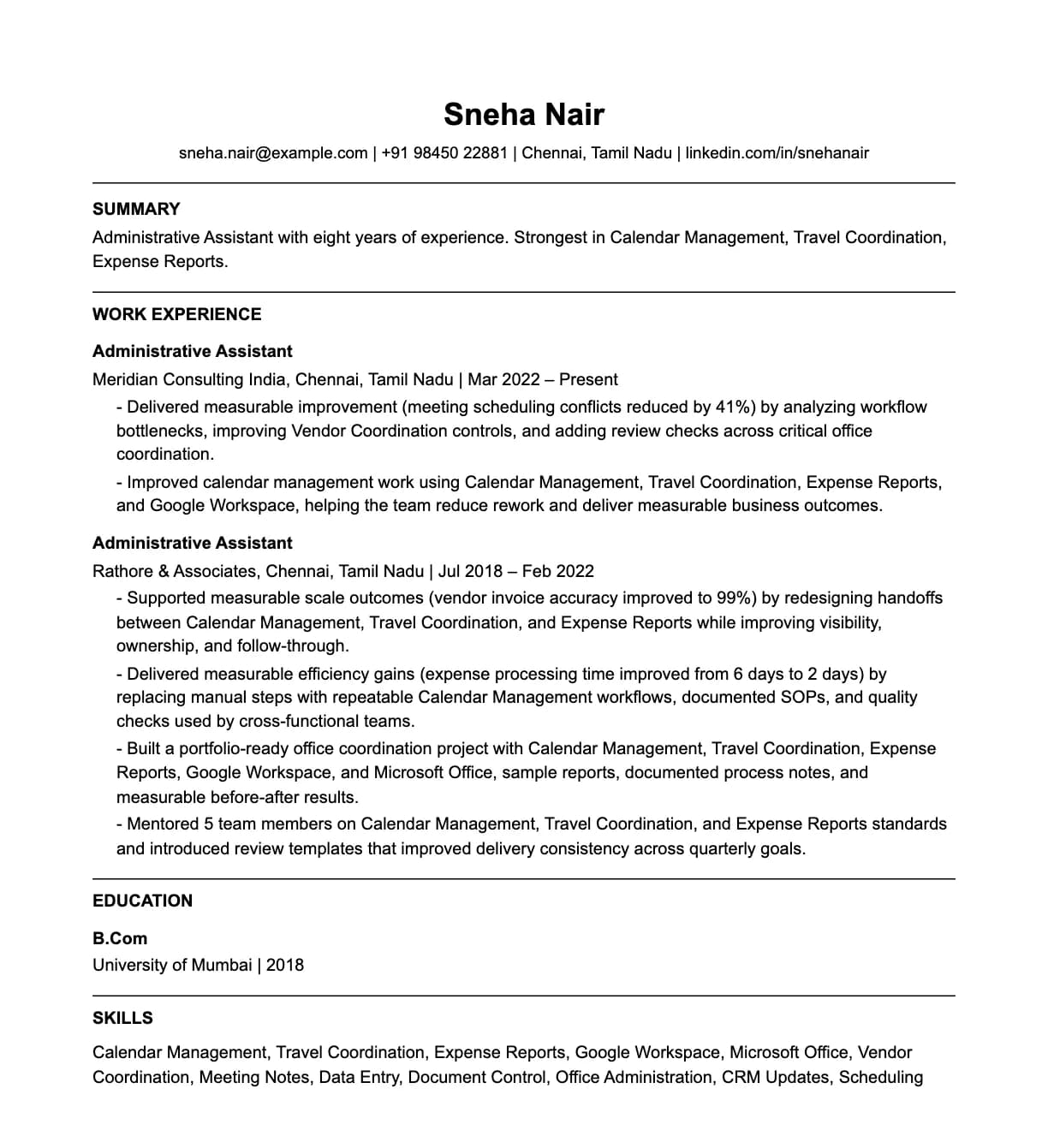 A complete one-page administrative assistant resume: contact line, summary, two roles with quantified achievements, education and a skills list.