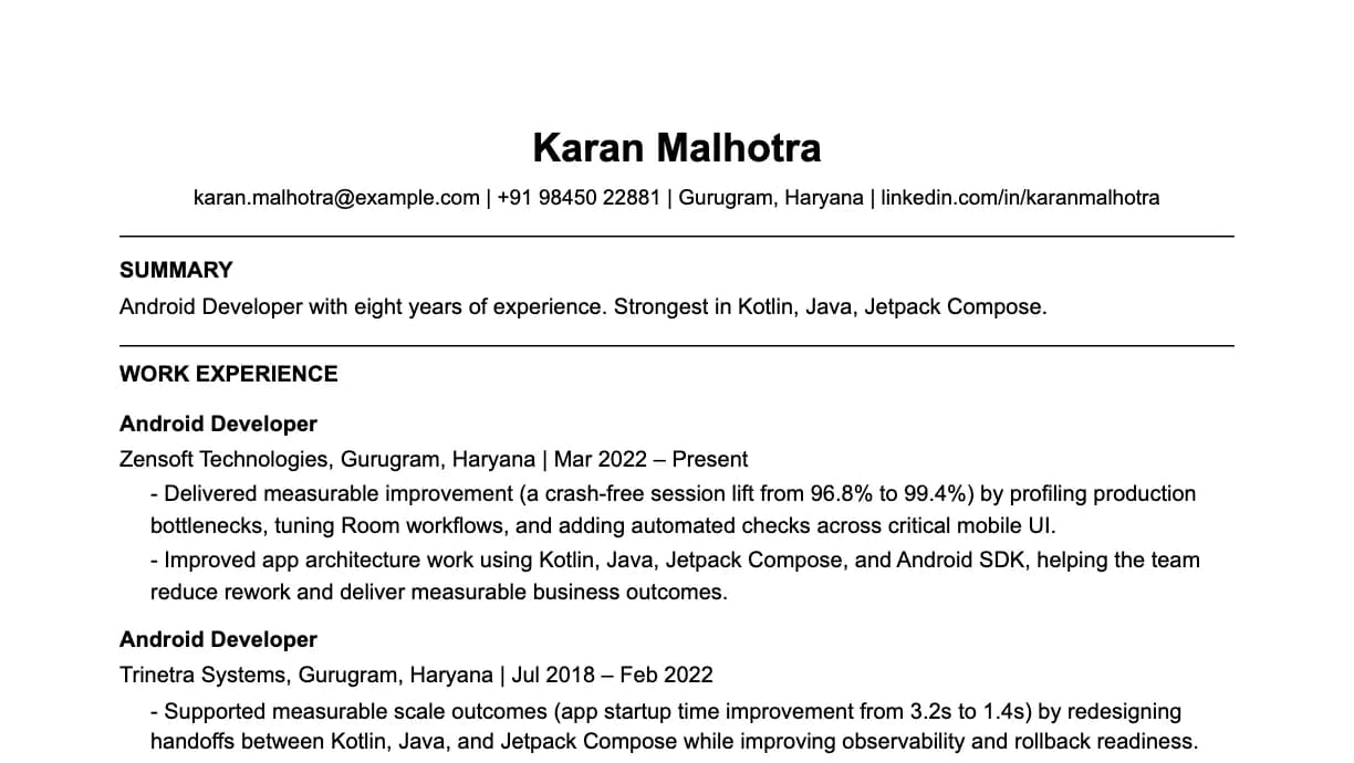 The top of a android developer resume: contact details, a two-line summary, and the first role with two quantified achievements.