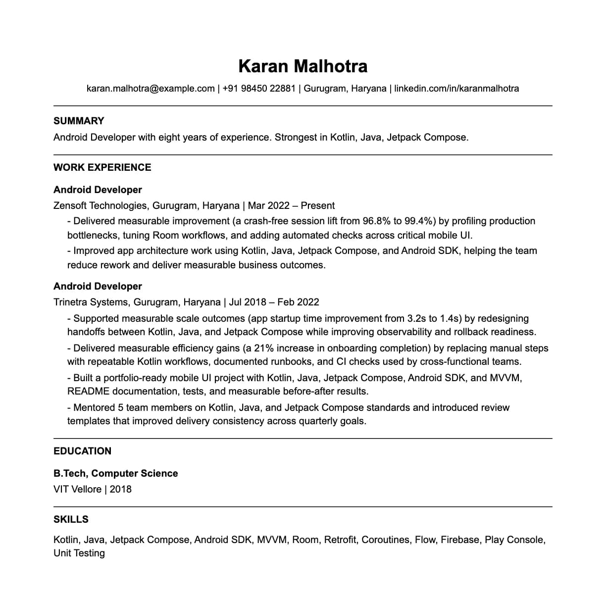 A complete one-page android developer resume: contact line, summary, two roles with quantified achievements, education and a skills list.