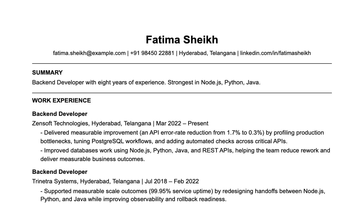 The top of a backend developer resume: contact details, a two-line summary, and the first role with two quantified achievements.