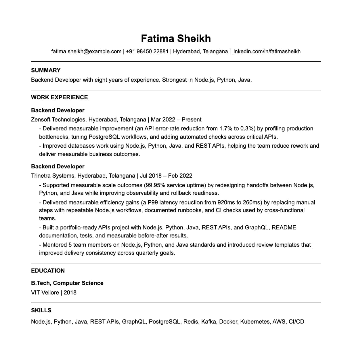 A complete one-page backend developer resume: contact line, summary, two roles with quantified achievements, education and a skills list.
