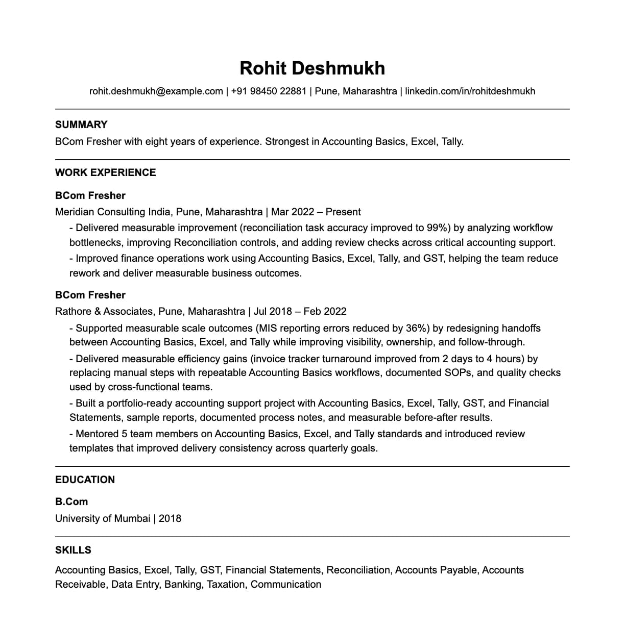 A complete one-page bcom fresher resume: contact line, summary, two roles with quantified achievements, education and a skills list.