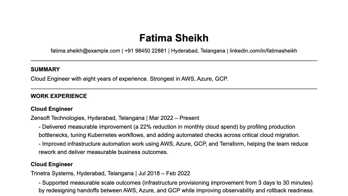 The top of a cloud engineer resume: contact details, a two-line summary, and the first role with two quantified achievements.