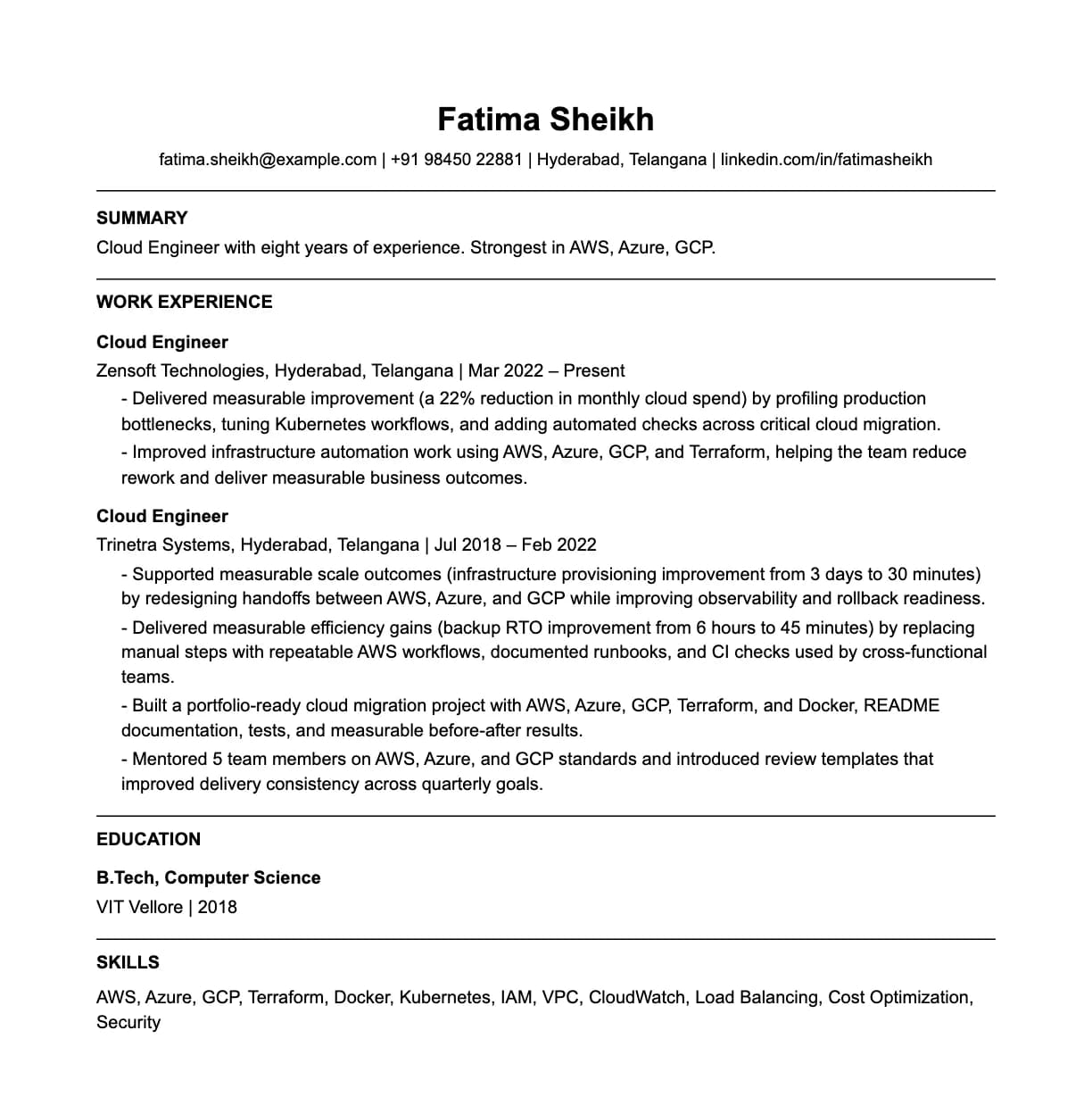 A complete one-page cloud engineer resume: contact line, summary, two roles with quantified achievements, education and a skills list.