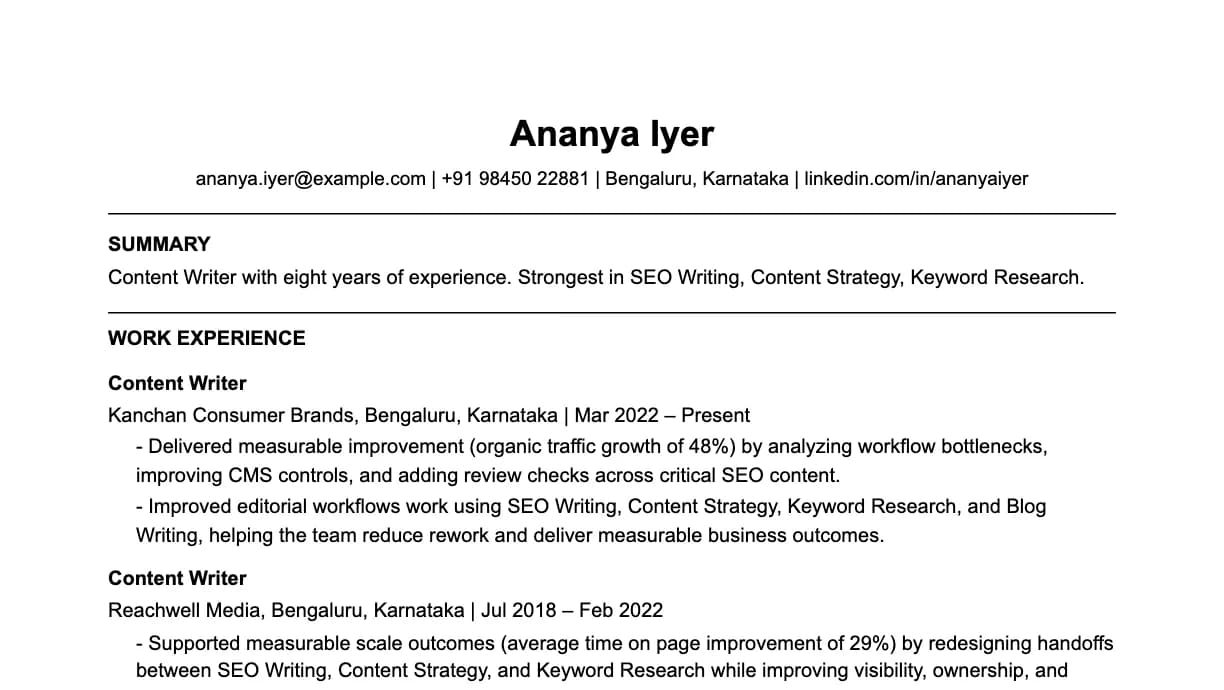 The top of a content writer resume: contact details, a two-line summary, and the first role with two quantified achievements.