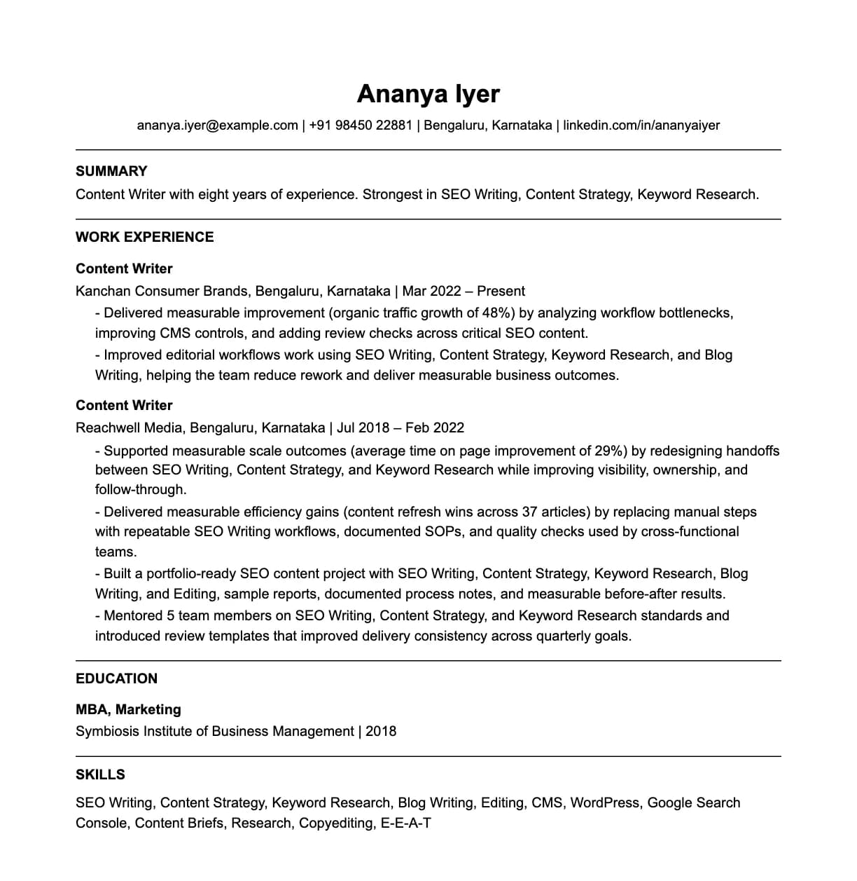 A complete one-page content writer resume: contact line, summary, two roles with quantified achievements, education and a skills list.