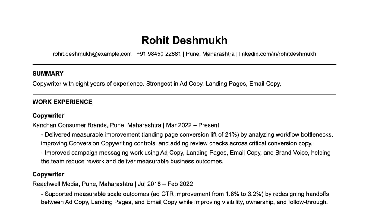 The top of a copywriter resume: contact details, a two-line summary, and the first role with two quantified achievements.