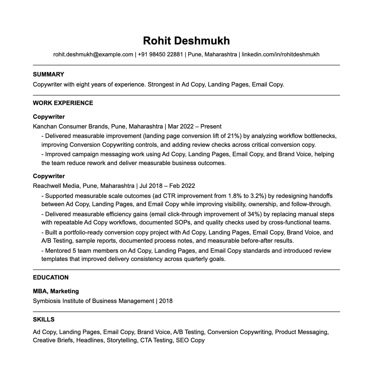 A complete one-page copywriter resume: contact line, summary, two roles with quantified achievements, education and a skills list.