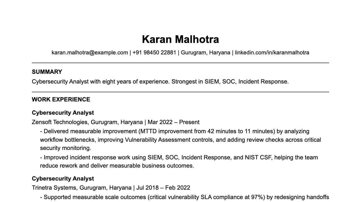 The top of a cybersecurity analyst resume: contact details, a two-line summary, and the first role with two quantified achievements.
