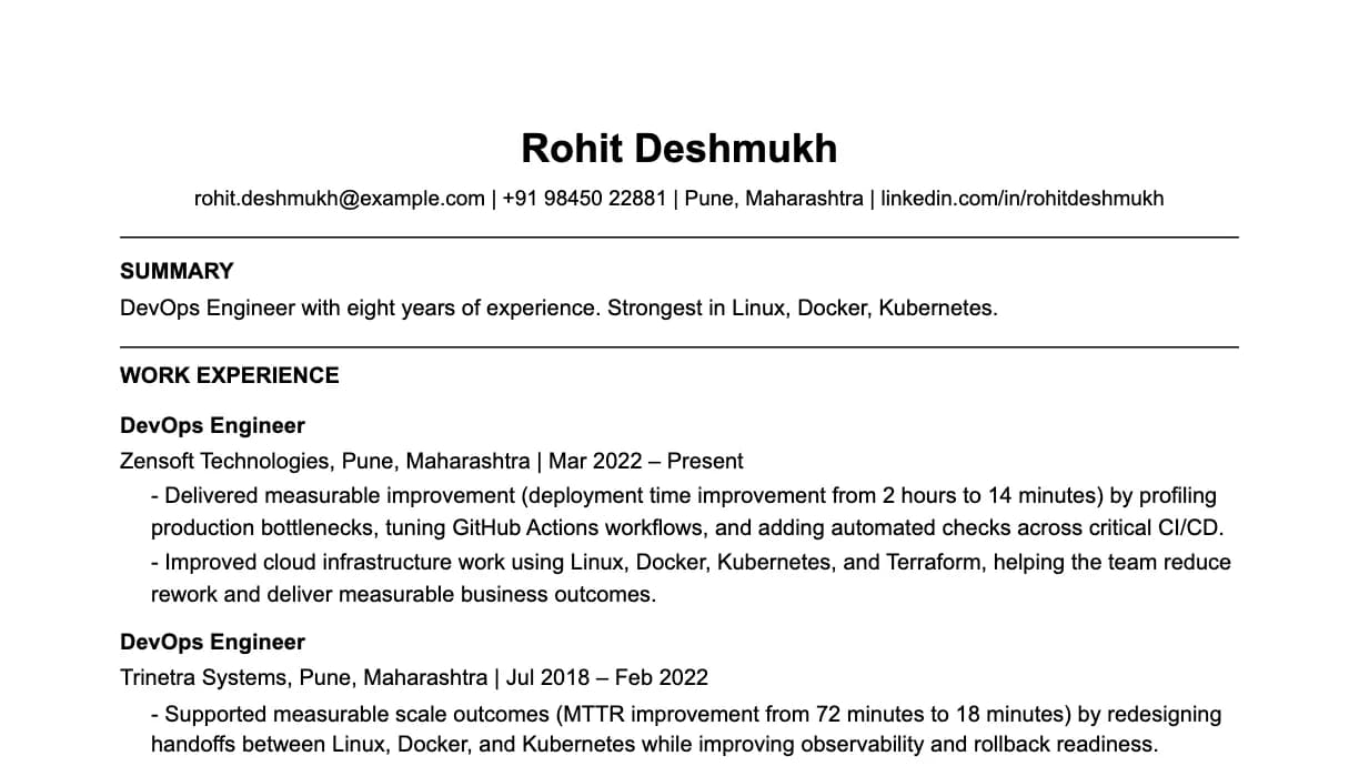 The top of a devops engineer resume: contact details, a two-line summary, and the first role with two quantified achievements.
