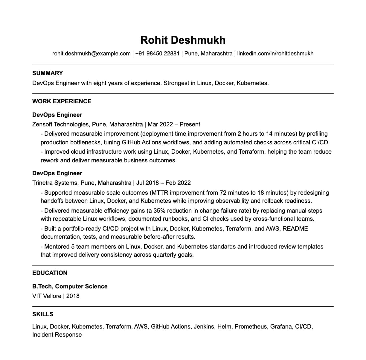 A complete one-page devops engineer resume: contact line, summary, two roles with quantified achievements, education and a skills list.