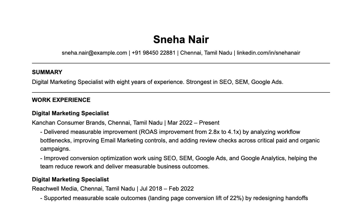 The top of a digital marketing specialist resume: contact details, a two-line summary, and the first role with two quantified achievements.