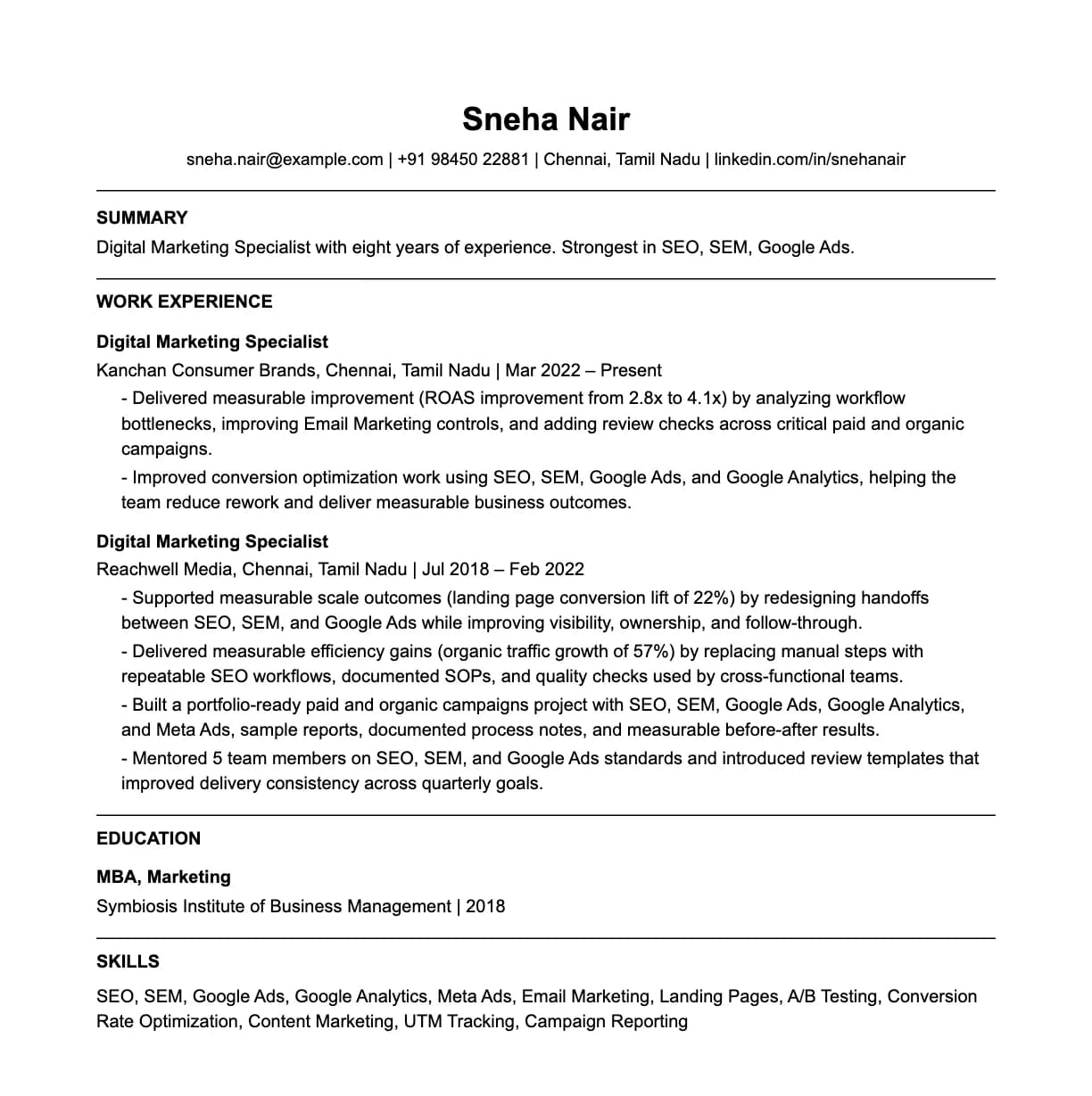 A complete one-page digital marketing specialist resume: contact line, summary, two roles with quantified achievements, education and a skills list.