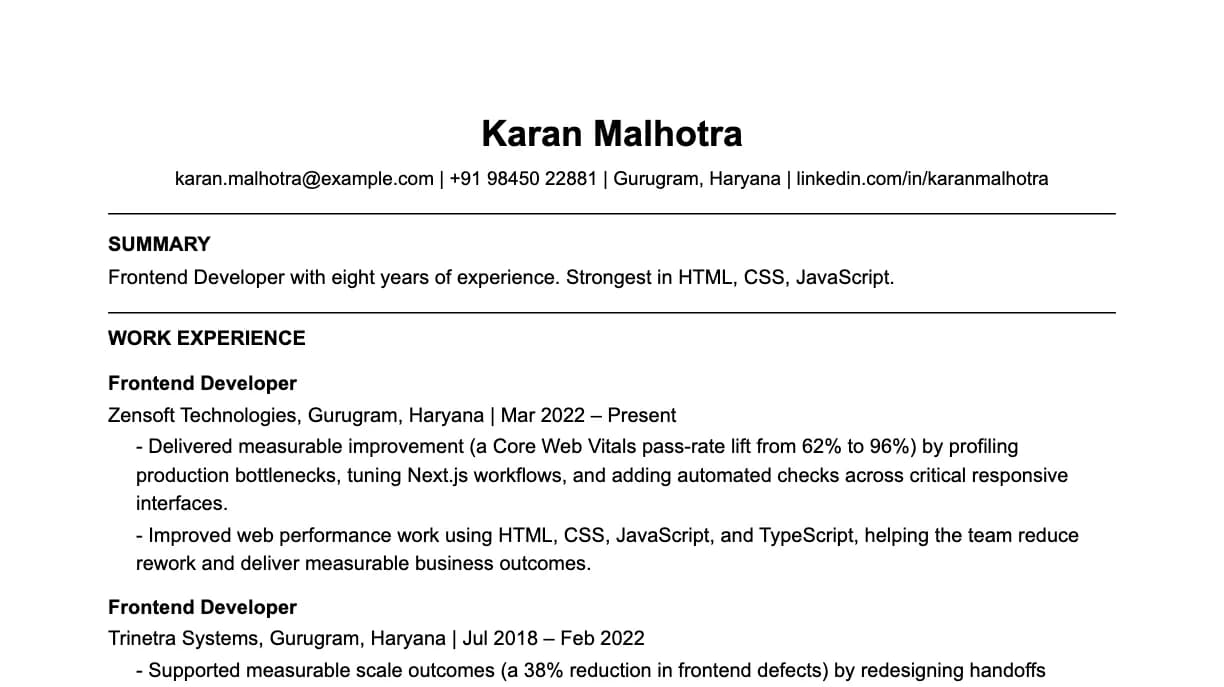 The top of a frontend developer resume: contact details, a two-line summary, and the first role with two quantified achievements.