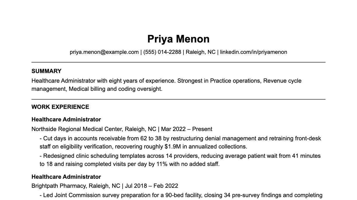 The top of a healthcare administrator resume: contact details, a two-line summary, and the first role with two quantified achievements.