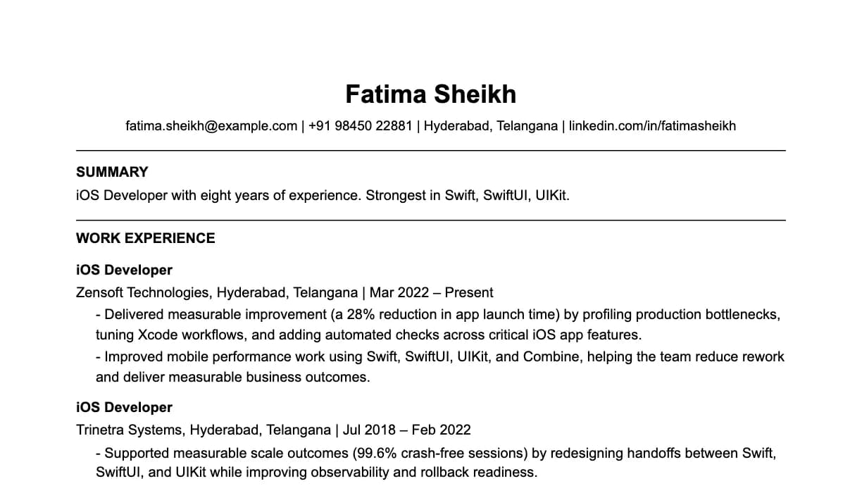 The top of a ios developer resume: contact details, a two-line summary, and the first role with two quantified achievements.