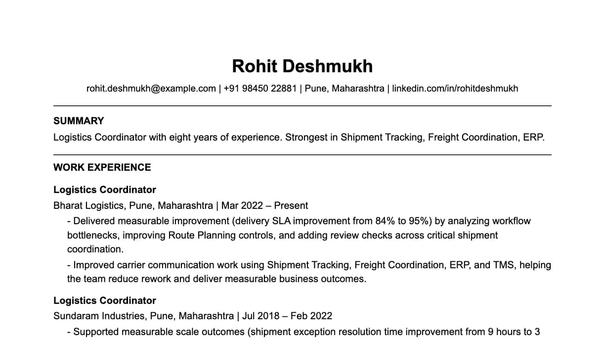 The top of a logistics coordinator resume: contact details, a two-line summary, and the first role with two quantified achievements.