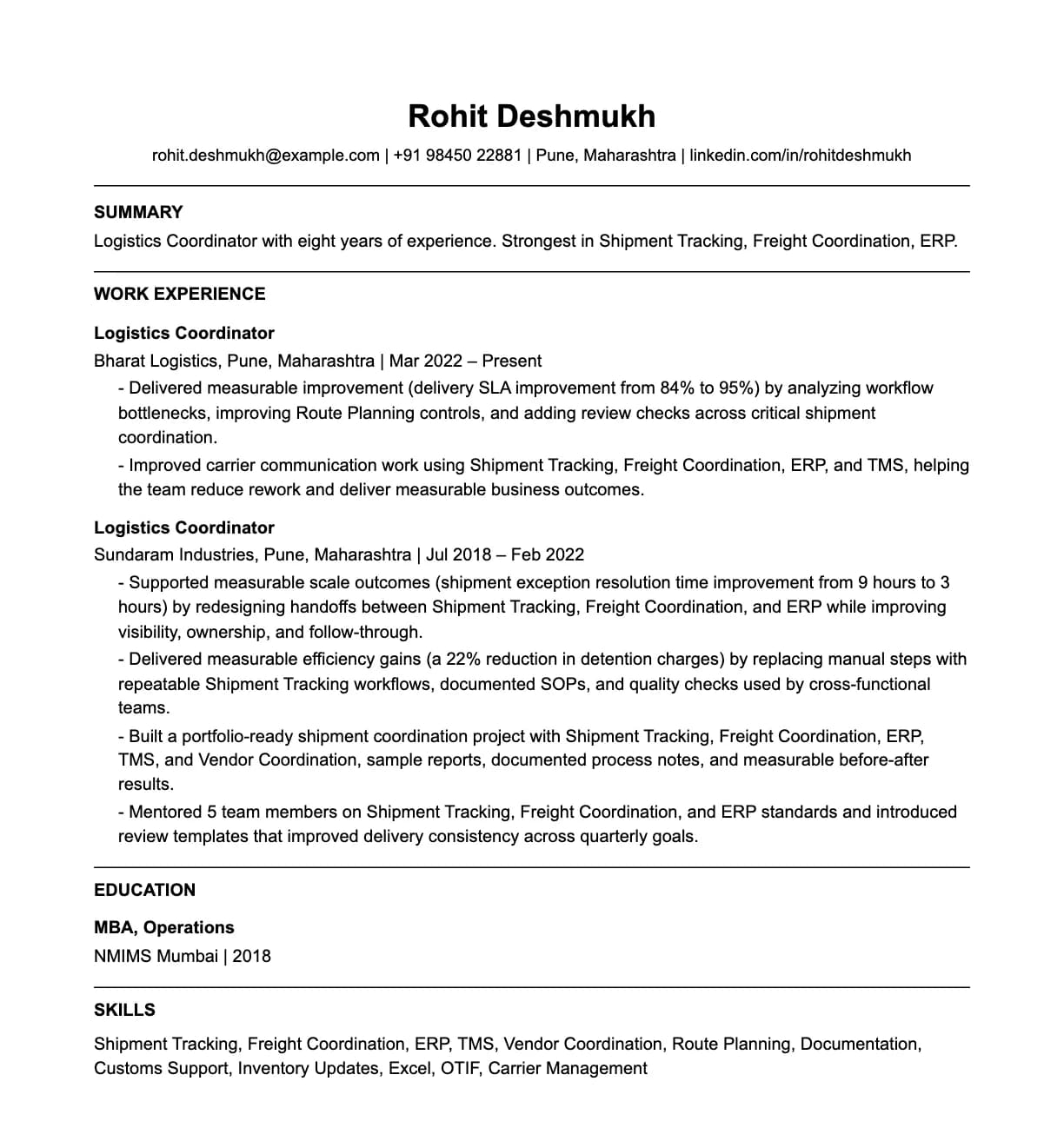 A complete one-page logistics coordinator resume: contact line, summary, two roles with quantified achievements, education and a skills list.