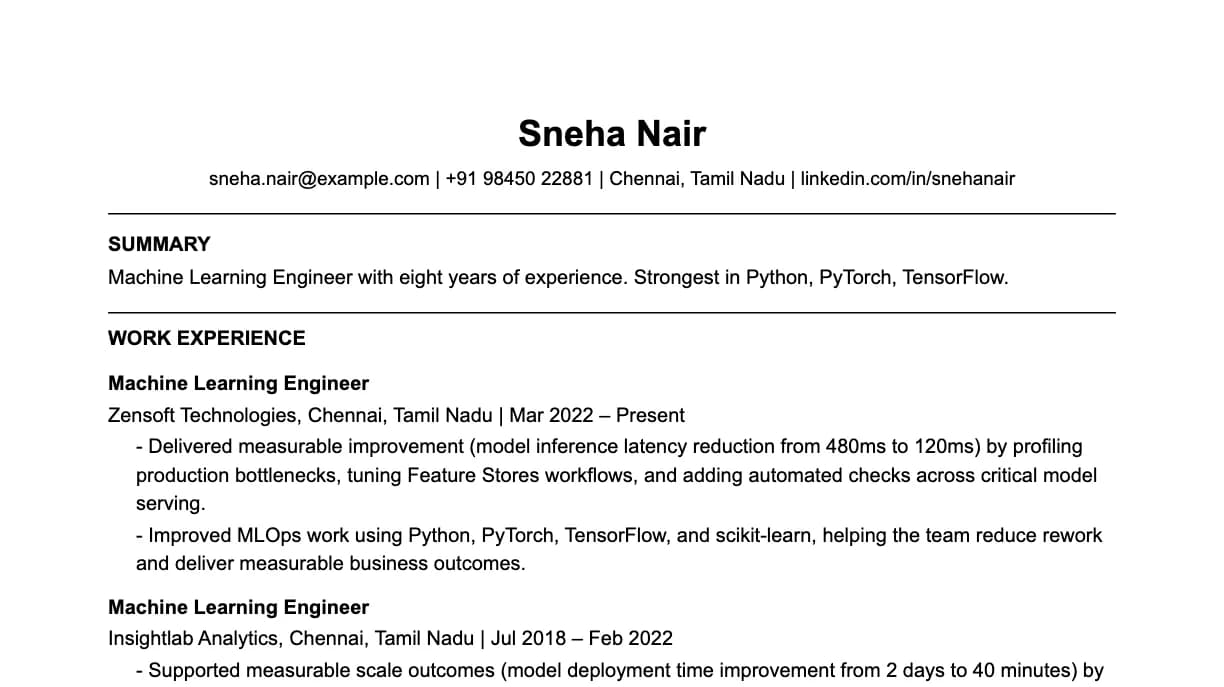 The top of a machine learning engineer resume: contact details, a two-line summary, and the first role with two quantified achievements.