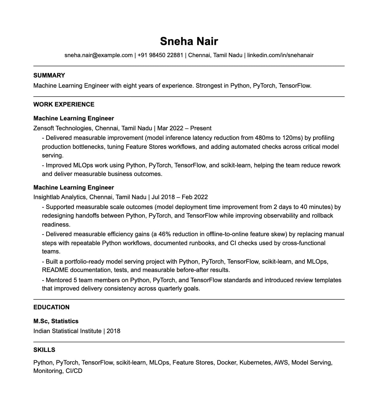 A complete one-page machine learning engineer resume: contact line, summary, two roles with quantified achievements, education and a skills list.