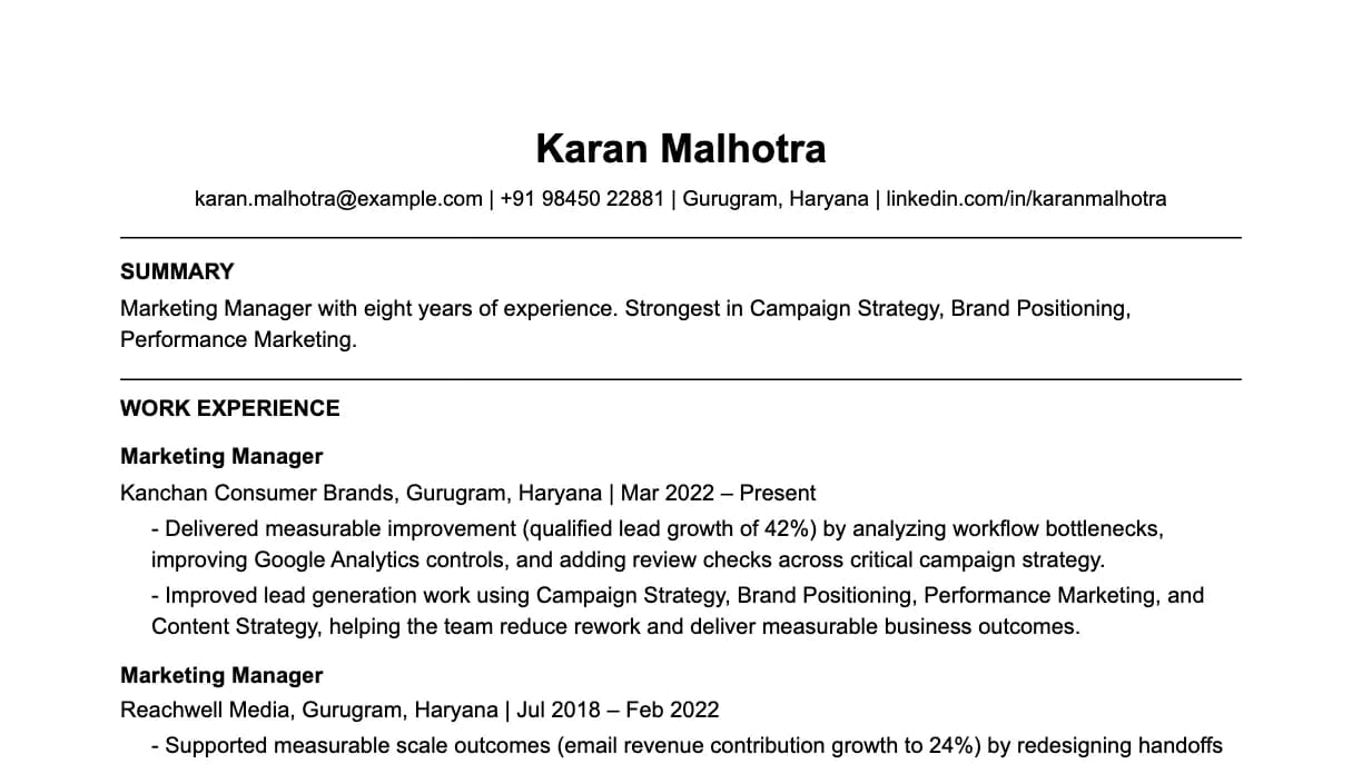 The top of a marketing manager resume: contact details, a two-line summary, and the first role with two quantified achievements.