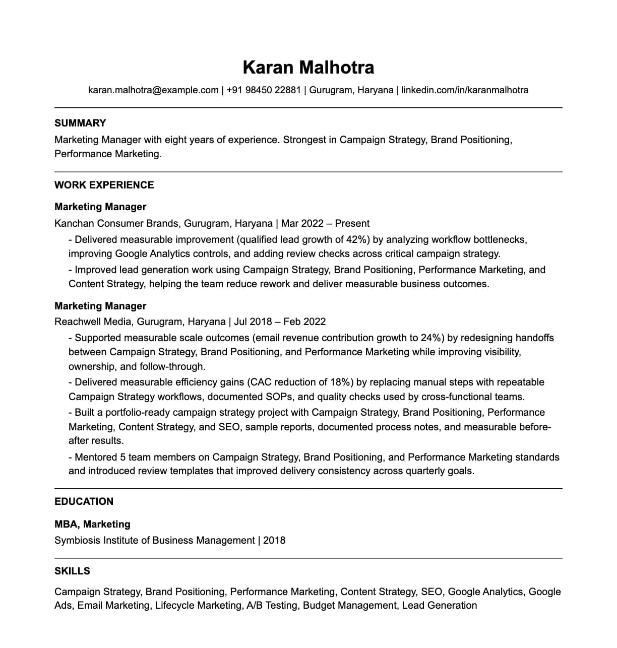 A complete one-page marketing manager resume: contact line, summary, two roles with quantified achievements, education and a skills list.