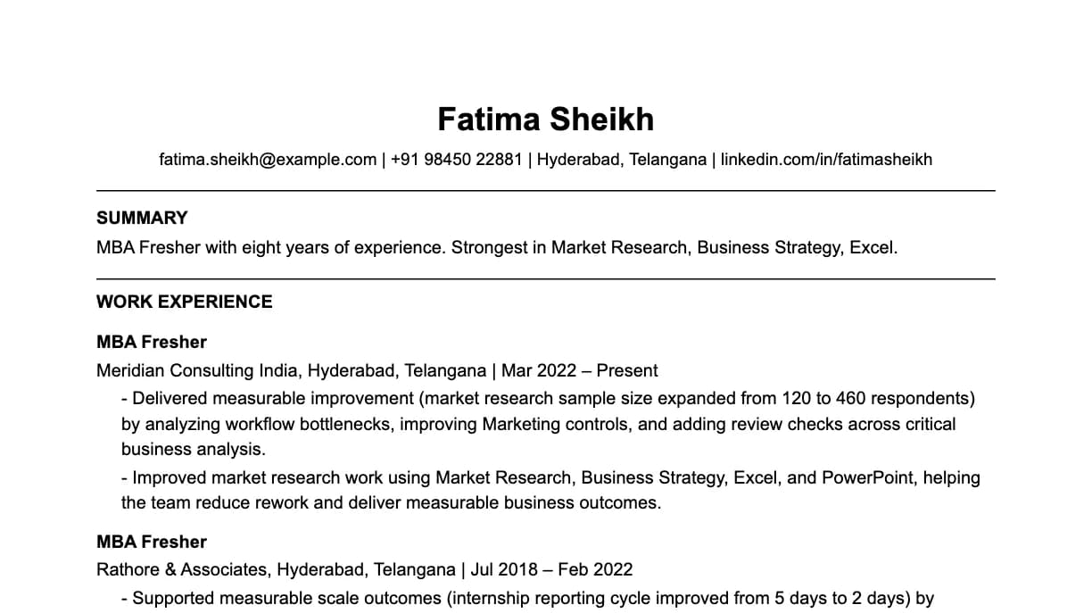 The top of a mba fresher resume: contact details, a two-line summary, and the first role with two quantified achievements.