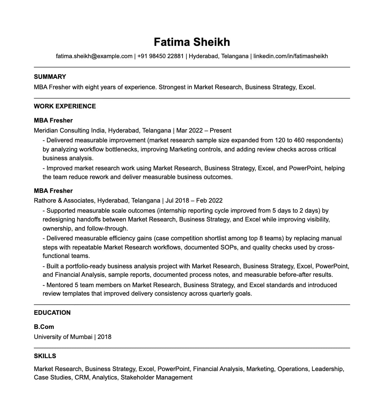 A complete one-page mba fresher resume: contact line, summary, two roles with quantified achievements, education and a skills list.