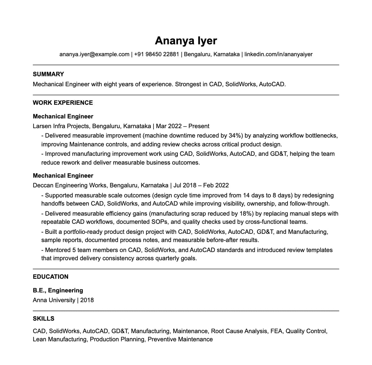 A complete one-page mechanical engineer resume: contact line, summary, two roles with quantified achievements, education and a skills list.