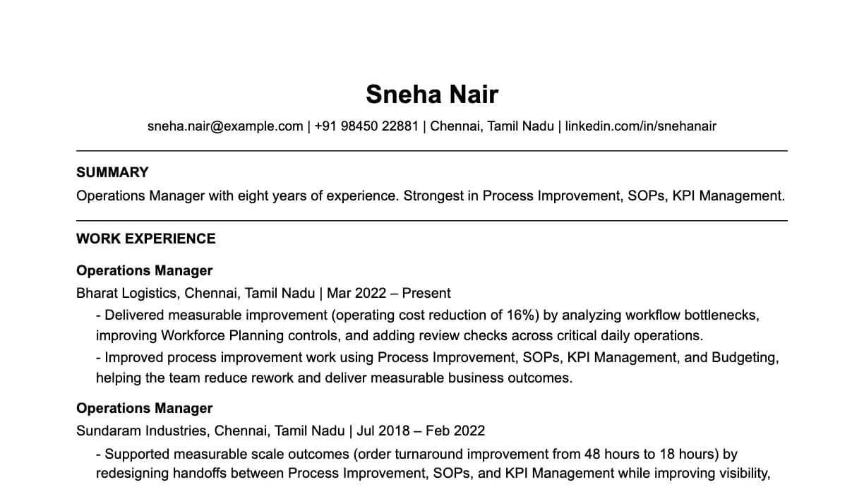 The top of a operations manager resume: contact details, a two-line summary, and the first role with two quantified achievements.