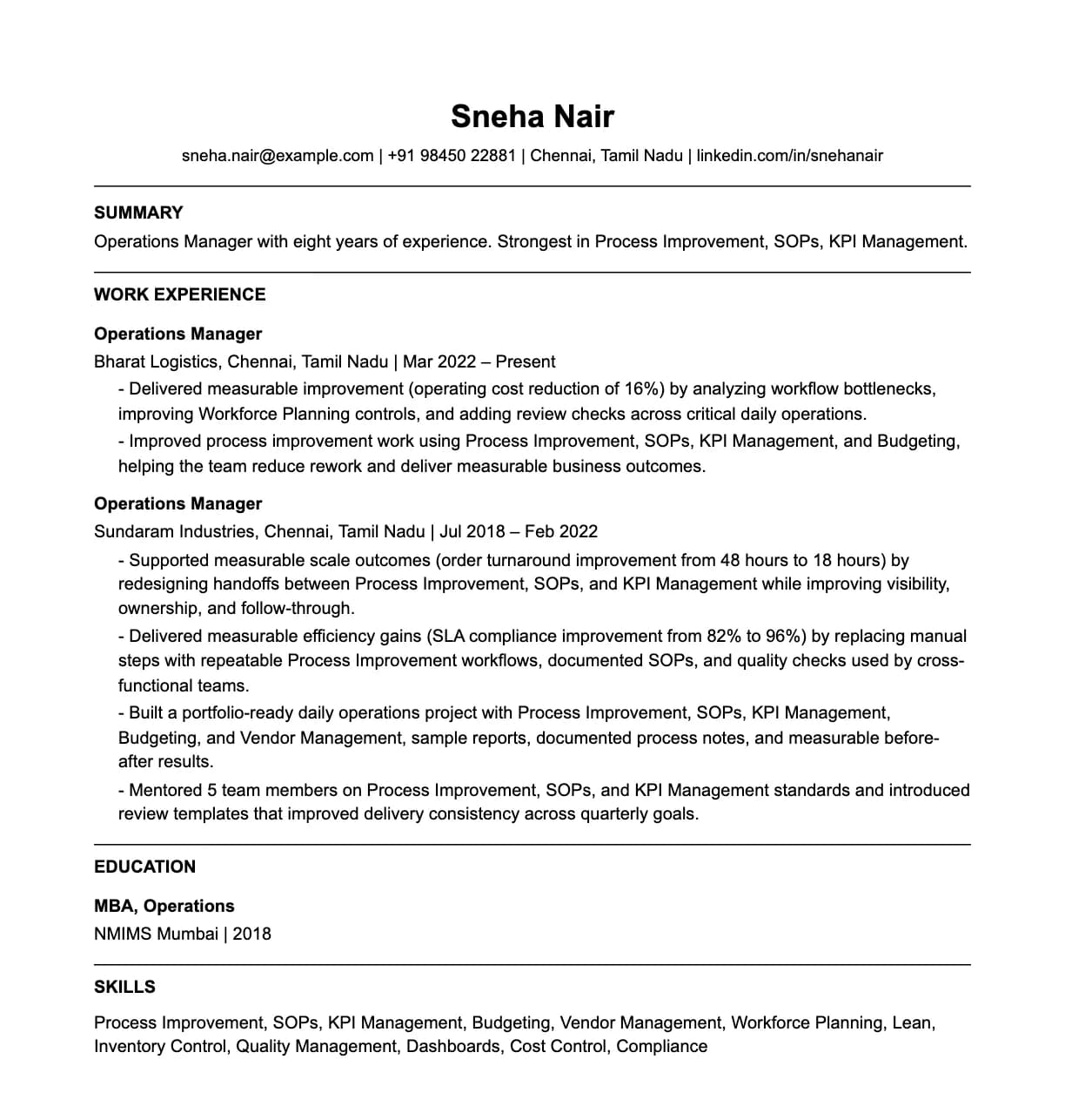 A complete one-page operations manager resume: contact line, summary, two roles with quantified achievements, education and a skills list.