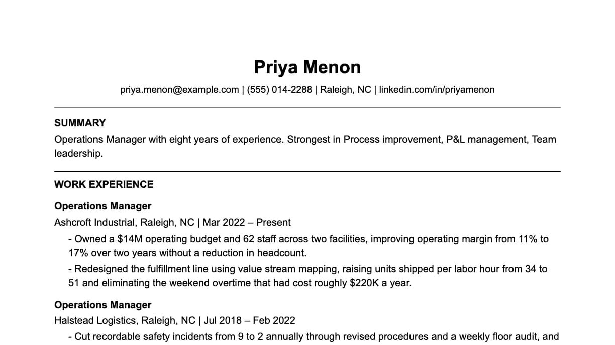 The top of an operations manager resume: contact details, a two-line summary, and the first role with two quantified achievements.