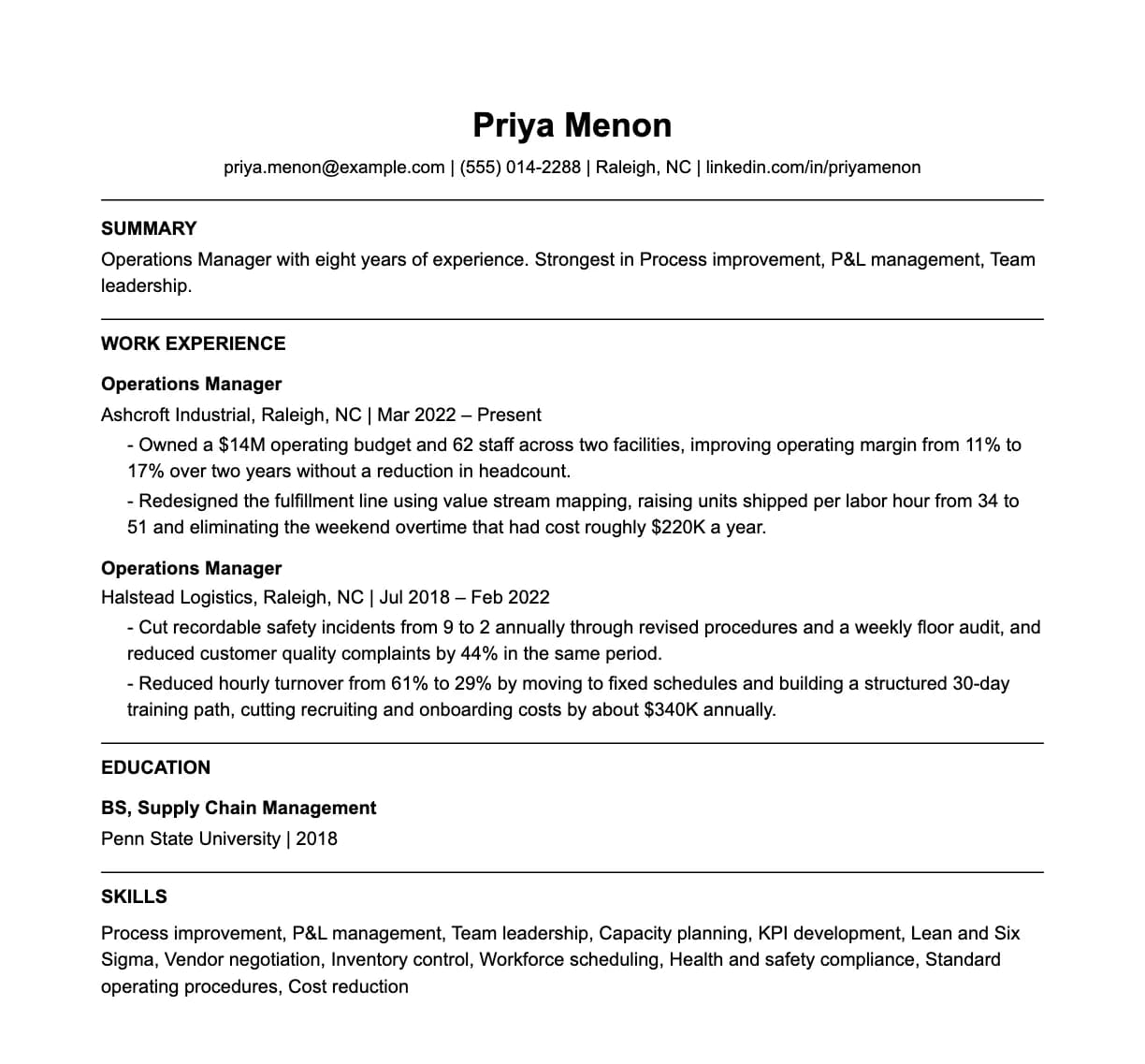 A complete one-page operations manager resume: contact line, summary, two roles with quantified achievements, education and a skills list.