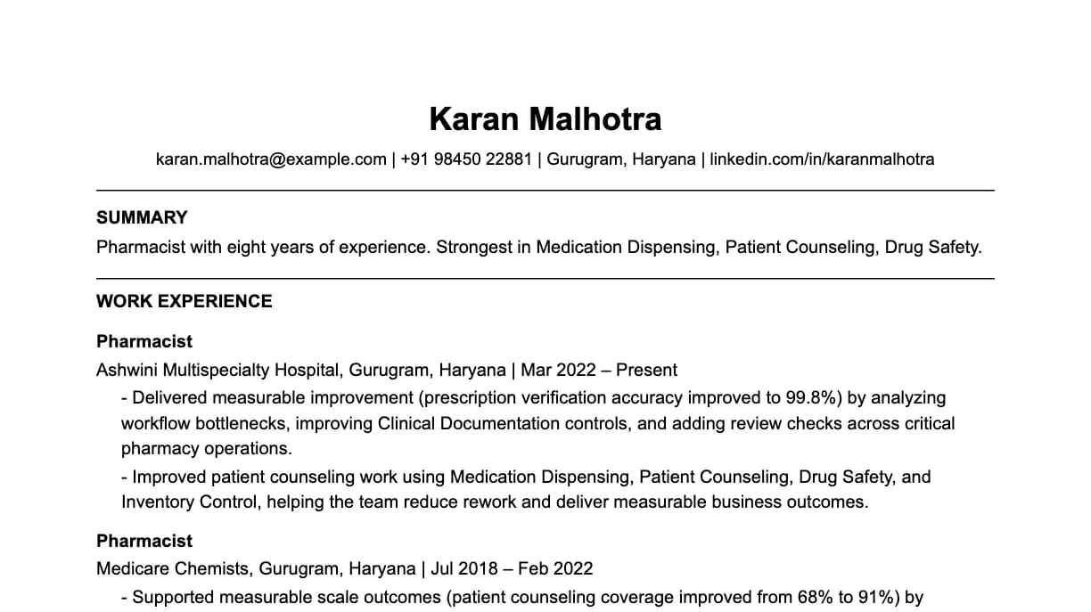 The top of a pharmacist resume: contact details, a two-line summary, and the first role with two quantified achievements.