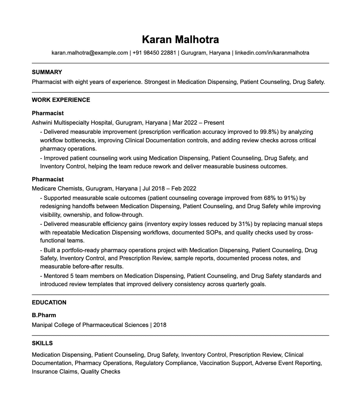 A complete one-page pharmacist resume: contact line, summary, two roles with quantified achievements, education and a skills list.