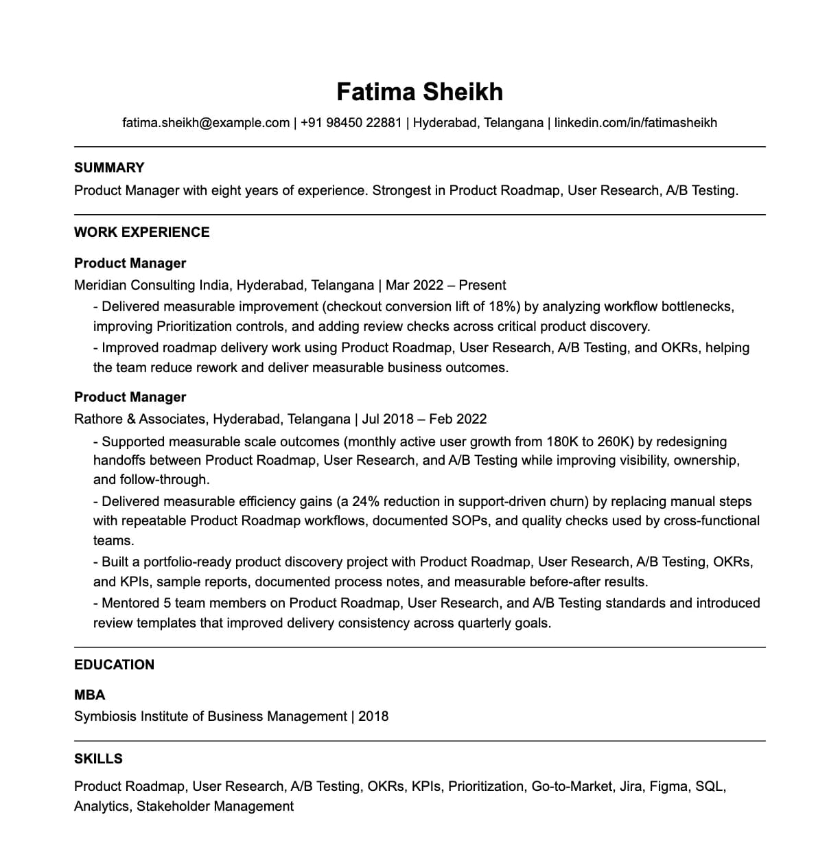 A complete one-page product manager resume: contact line, summary, two roles with quantified achievements, education and a skills list.