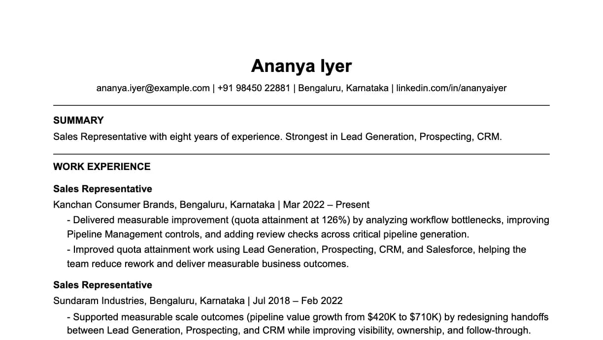 The top of a sales representative resume: contact details, a two-line summary, and the first role with two quantified achievements.