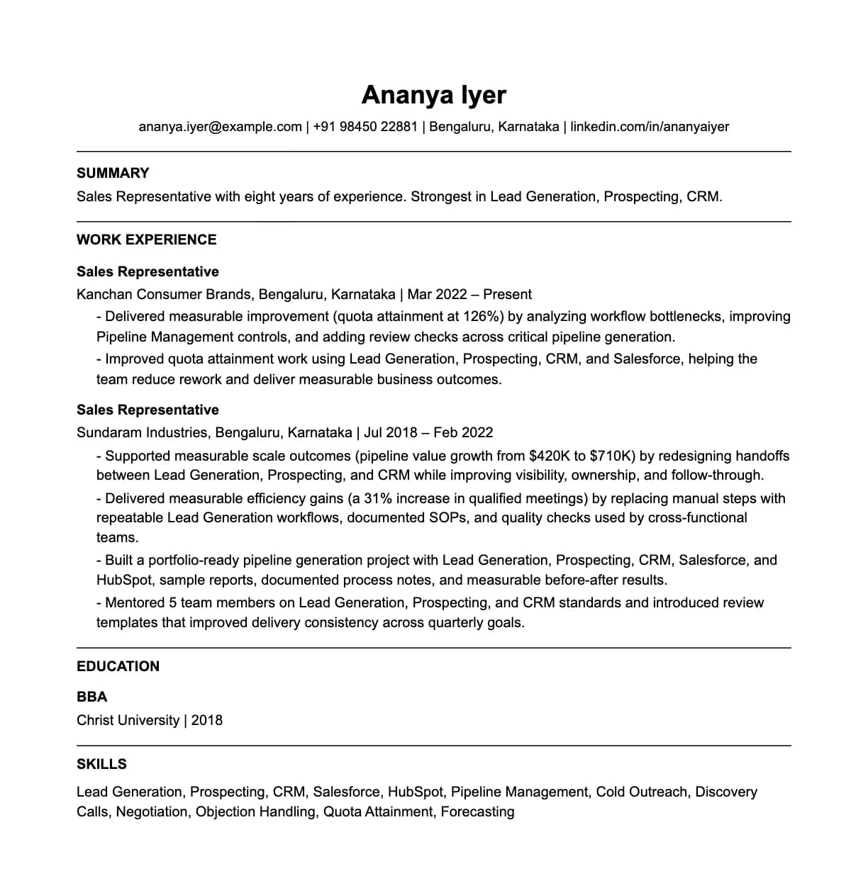 A complete one-page sales representative resume: contact line, summary, two roles with quantified achievements, education and a skills list.