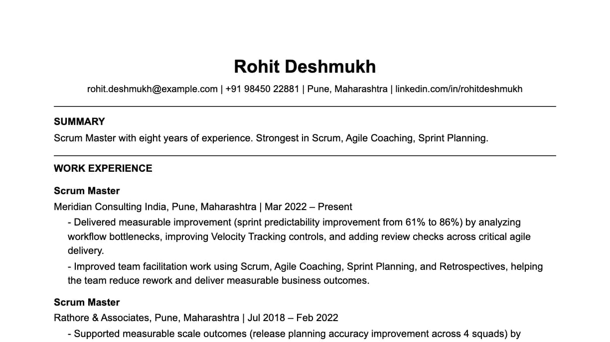 The top of a scrum master resume: contact details, a two-line summary, and the first role with two quantified achievements.