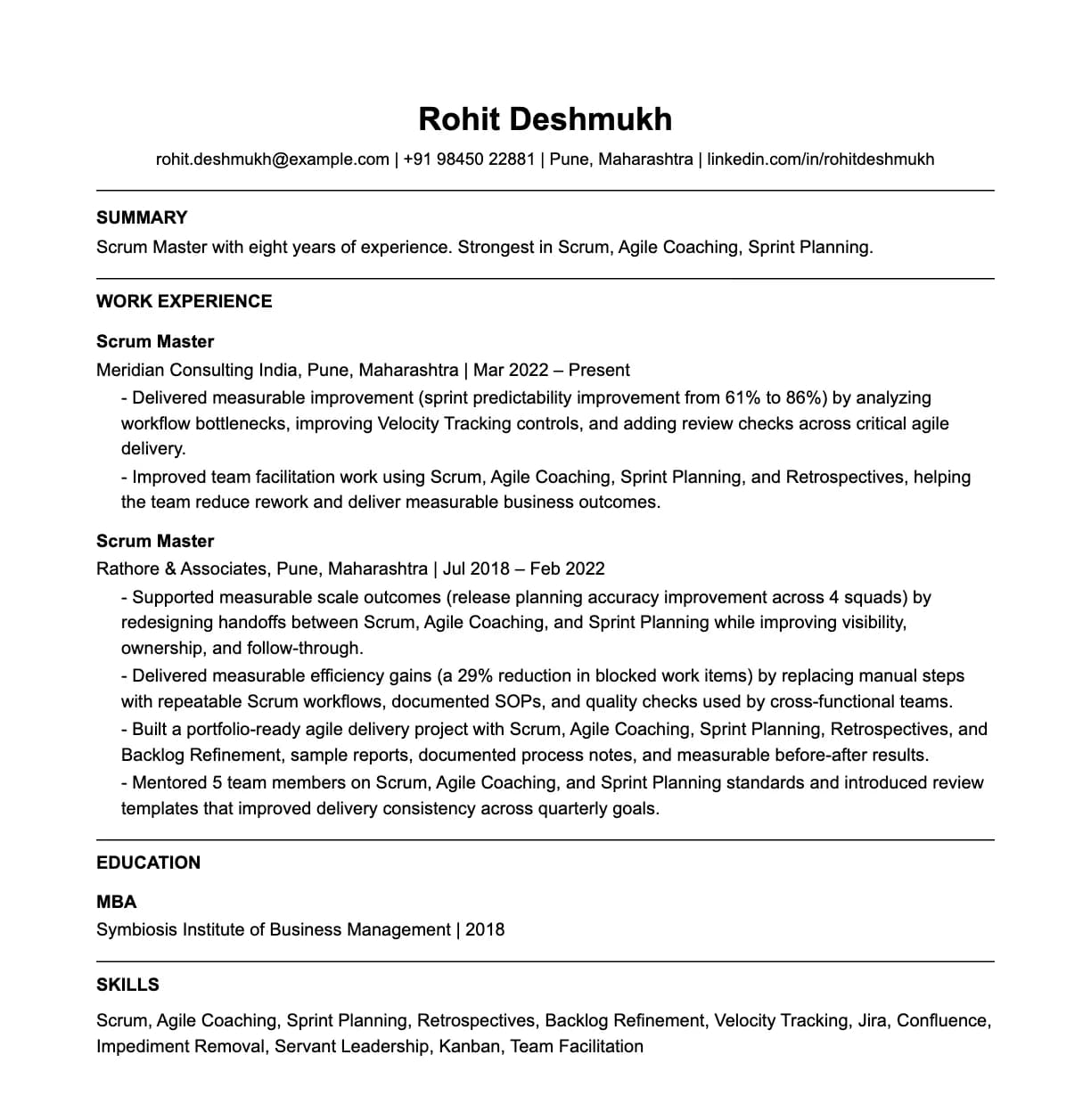 A complete one-page scrum master resume: contact line, summary, two roles with quantified achievements, education and a skills list.